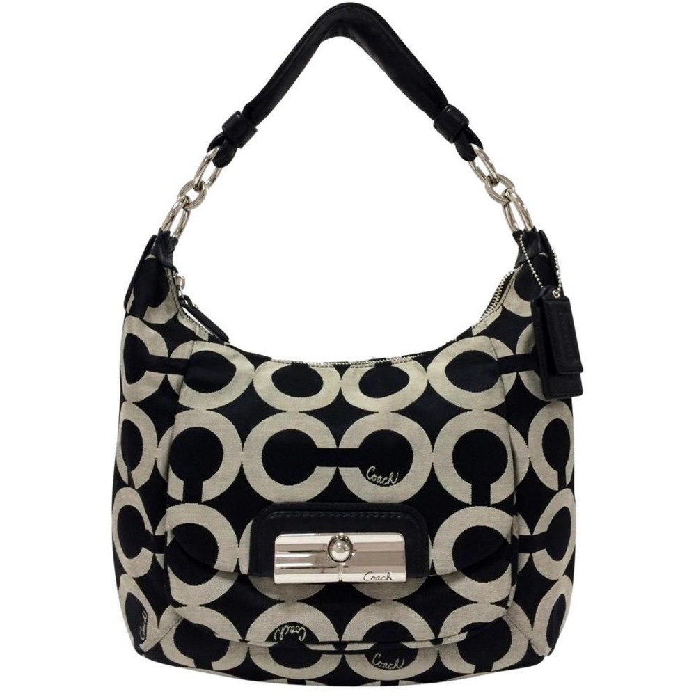 COACH Kristin Hobo Bag Y2K Shoulder Handbag Black Logo Jacquard Crossbody Gray - Picture 10 of 16